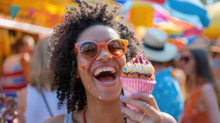 A woman enjoying a delicious ice cream cone at a carnival, capturing a happy summer moment with a snapshot of food and fun AIG50の素材