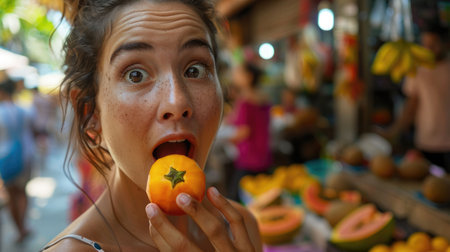 A woman is enjoying a sweet pineapple at a local market, surrounded by colorful flowers and plants. Sharing a natural and refreshing whole food experience AIG50の素材
