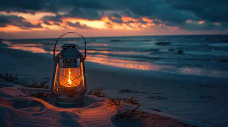 A lantern illuminates the beach as the sun sets, casting a warm glow over the water and sky. The landscape is transformed as dusk falls, creating a peaceful and picturesque scene for travelers AIG50の素材