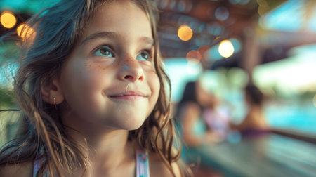 A child with a joyful facial expression sits at a table in a restaurant, smiling and having fun. She is adapting well, sharing moments of leisure during a travel event AIG50の素材