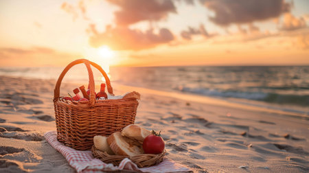 A picnic basket with food and wine on the beach at sunset, overlooking a calm body of water with boats in the distance and colorful clouds in the sky AIG50の素材