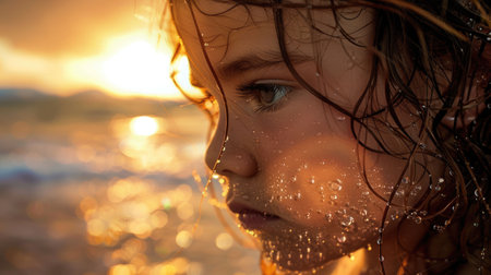 A close up of a young girls face with droplets of water on her nose, eyebrows, eyelashes, and mouth, at the beach. Her jawline and surfer hair glistening with liquid, exuding a happy and fun vibeの素材