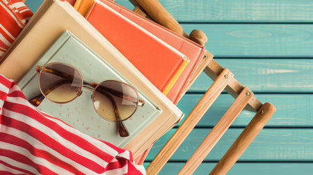 An open book and glasses in Electric blue frames are placed on a wooden chair. The contrast between the Azure chair and Aqua glass creates a visually appealing scene, perfect for art lovers AIG50の素材