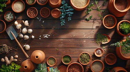 A wooden table adorned with flowerpots filled with plants and gardening tools, enhancing the landscape of a residential area AIG50の素材