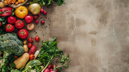 A variety of natural foods, including fruits and vegetables, are displayed on a table. These plantbased ingredients can be used in recipes to create delicious dishes AIG50の素材