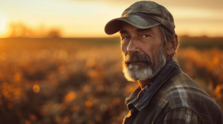 The picture of the farmer working in the crop field of the wheat under the sun at dawn or dusk time, the farmer skill require skills like the management, farming knowledge and physical stamina. AIG43.の素材