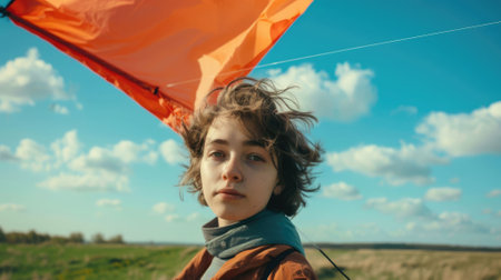 The picture of the person is playing the kite under the bright light from the sun of the clear blue sky that can be conveying the feeling of the happiness, freedom, playful and joyful emotion. AIG43.の素材