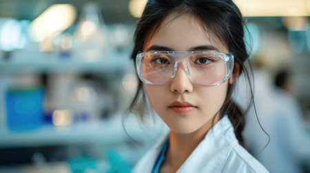 The close up picture of the young female scientist is experimenting inside laboratory while wearing lab coat and safety goggle, the scientist require skill like research skill, analyze skill. AIG43.の素材