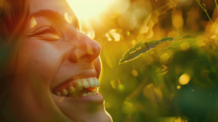 The close up picture of the person is smiling and happy that surrounded with the nature under the bright light from the sun, the feeling of the freshness that surrounded with the green nature. AIG43.の素材