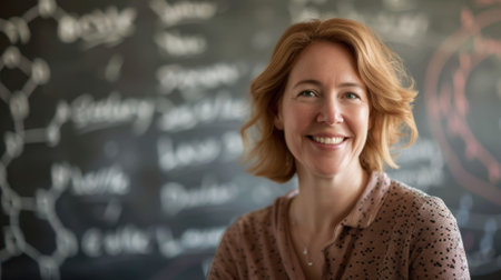 The picture of the teacher or professor in classroom of the school with blackboard background that has been write with chalk about lesson like math, physics, chemistry or biology for learning. AIG43.の素材