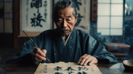 The picture of the calligrapher working inside the building, the calligraphers work is to use brush and writing text on the paper, this job require skills like brushwork skill and patience. AIG43.の素材