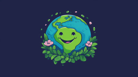Happy cartoon Earth with vibrant nature elements. Ecological and environment-friendly concept with cheerful character for design and educational purpose. Green energy. Environmentally concept. AIG35.の素材