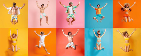 Summer people collection set, diverse people jumping on colorful background, many people funny jump wearing summer outfit fashion ready for swim and summer activity, summertime, beachwear AIG48の素材