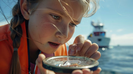 The toddler is happily looking through a magnifying glass, her eyes wide with curiosity and a big smile on her face. She is having fun exploring the world around her AIG50の素材