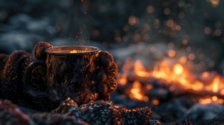 The close up picture of the person holding the cup of the coffee by their own hand to relax near fireplace for relaxation with dark gloomy blur background yet feel warm by the source of heat. AIG43.の素材