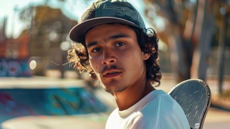 The picture of the skater skating the skateboard in the park on the morning or evening sun of the day, the skater require training, technique and adaptability to different conditions skills. AIG43.の素材