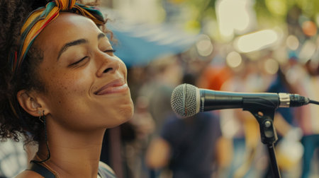 A blond woman is standing in a crowd, looking up at the sunlight with a happy gesture. She is enjoying the event, leisure, and entertainment with a hint of lens flare in her sight during her travelの素材