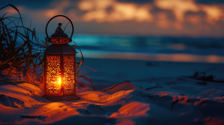 A lantern illuminates the sandy beach at sunset, casting a warm glow over the water and painting the horizon in a beautiful dusk landscape AIG50の素材