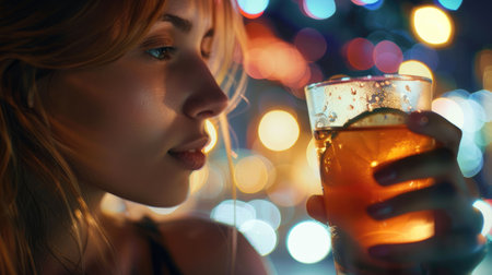 A woman is holding a highball glass filled with whiskey and ice cubes, a classic choice of drinkware for enjoying a refreshing alcoholic beverage AIG50の素材