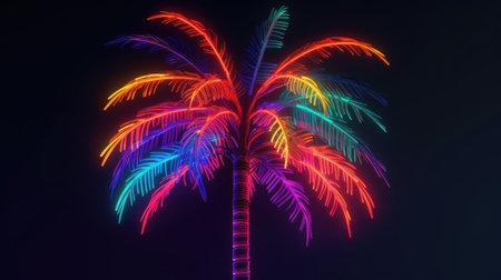 Neon palm tree silhouette on a dark background. A picture of glowing neon light in palm tree shape with vibrant color. Vivid image for party themes, tropical design, and vibrant posters. AIG35.の素材