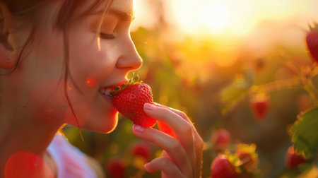 A woman happily eats a ripe strawberry under the blue sky, surrounded by flowers and plants. Her gesture shows her joy as she enjoys the sweet fruit AIG50の素材