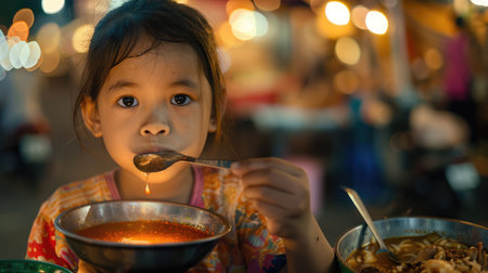A toddler is enjoying a meal from a bowl at the table. The snapshot captures the fun of eating together and sharing food with a baby AIG50の素材