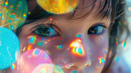 A close up of a little girl with black hair, bangs, smiling, with twinkling Christmas lights reflecting in her iris, eyelashes, nose, and rosy cheeks. A beautiful scene filled with joy and fun AIG50の素材