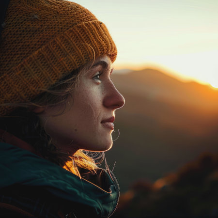 A woman in a cap and eyewear is happily looking at the sunset in nature, with the sun shining bright in the sky, creating a beautiful landscape AIG50の素材