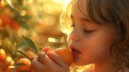 A young girl intimately engaging with the scent of a fresh citrus fruit in a sunlit grove. A young girl inhales the fresh scent of an orange amidst the warm glow of a citrus grove at sunset. AIG50の素材