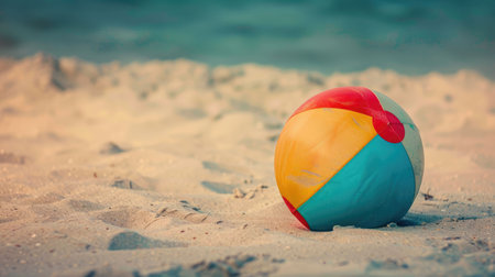 An electric blue beach ball rests on the sandy shore, adding a pop of color to the natural landscape surrounded by grass and soil. A fun fashion accessory for beach recreation AIG50の素材