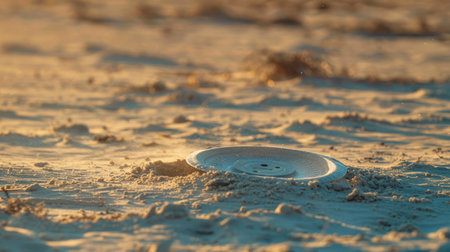 A pocket watch rests on the sandy beach, surrounded by the natural landscape of water, wood, rocks, and grass, creating a picturesque scene AIG50の素材