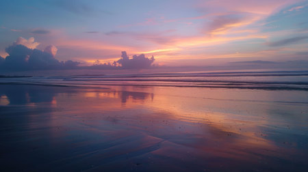 A beautiful sunset over a beach where the clouds are reflected in the calm waters, creating a stunning natural landscape with a fluid atmosphere AIG50の素材