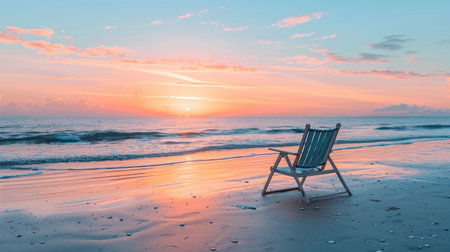 A chair is placed on the beach at dusk, with water reflecting the colorful sky and clouds as the sun sets over the horizon, creating a serene landscape AIG50の素材