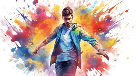 Man profile with vibrant watercolor splash background. Creative and artistic portrait of man standing with colorful smoke explosion. Imagination and human expression concept for design and art. AIG35.の素材