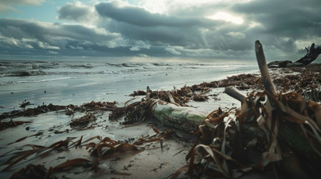 A natural landscape with a beach covered in driftwood, under a cloudy sky with cumulus clouds. The horizon is visible over the water, with trees scattered along the shore AIG50の素材