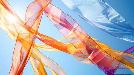 Fluid electric blue ribbons dance in the wind against a peachcolored sky, a masterpiece of nature resembling a painting inspired by marine biology AIG50の素材