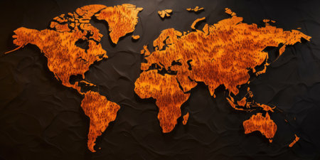Fiery world map with glowing edges and smoky background, symbolizing danger and crisis. Global warming and environmental destruction concept. Design for awareness campaigns or climate change. AIG35.の素材