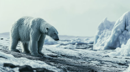 The white polar bear that walking in the middle of ice mountain or iceberg that has been warmed and also melting by the light and heat of the sun in the north pole or south pole of the earth. AIGX03.の素材