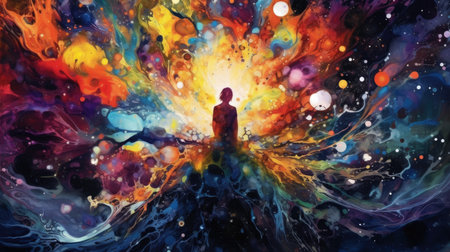 Abstract cosmic art with a figure standing before an explosion of vibrant color and celestial bodies. Imagination and universe exploration concept. Design for album cover, and creative poster. AIG35.の素材