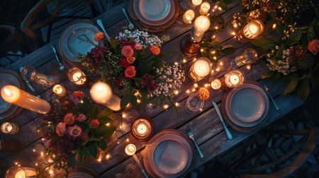 A wooden table adorned with candles, flowers, and an orange houseplant in a beautiful circular pattern, creating a cozy atmosphere for any event AIG50の素材