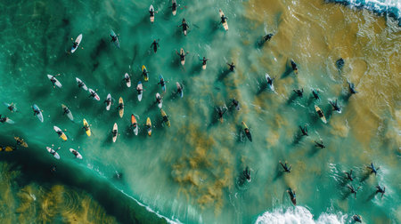 A group of surfers are riding wind waves on the electric blue water, enjoying a recreational event in the ocean. The marine biology and patterns underwater add to the beauty of the scene AIG50の素材