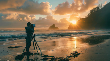 A camera is perched on a tripod, capturing the fluidity of water meeting the sky at the beach. Clouds dance across the horizon, creating a stunning landscape against the backdrop of this serene eventの素材