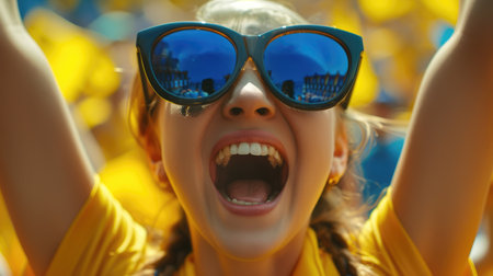 A happy fan in a yellow shirt is celebrating with a gesture, smiling and screaming in the air, enjoying the fun event surrounded by a lively crowd. AIG41の素材