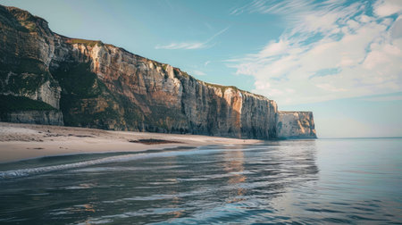 A boat navigates through a canyon alongside a tranquil body of water, surrounded by towering bedrock and a picturesque natural landscape AIG50の素材