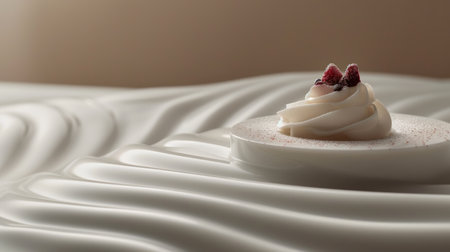 Homemade sweet desserts decorated with fruit on elegant plate at bakery. Elegant dessert decorated with berry fruit and sauce from fruit placed with separated background. Baked cake concept. AIG42.の素材