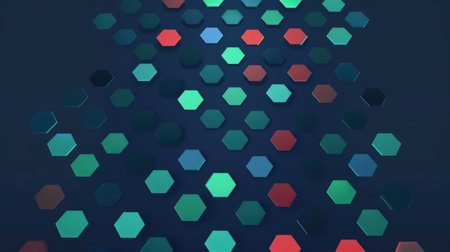 3D rendering of blue, green and red hexagons on a dark blue background. AIG51A.の素材