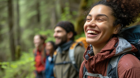 A joyful group of individuals wearing hats, hiking through the serene woods, smiling, and enjoying the natural landscape. AIG41の素材