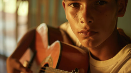 The close up picture of the hispanic male child playing or practicing guitar inside his own room, the guitar practice require music theory knowledge, regular practice and understanding rhythm. AIG43.の素材