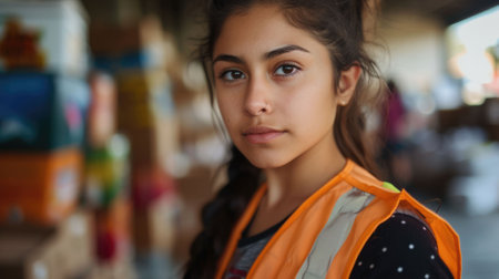 The close up picture of the hispanic female volunteer is working while wearing volunteer vest with blur background and looking at something, the volunteer require skill teamwork and an empathy. AIG43.の素材