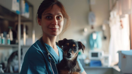 The picture of the adult veterinarian and dog staying in the office of the clinic or hospital that they working in there and take care the canine or other animal also examine them to the cure. AIG43.の素材